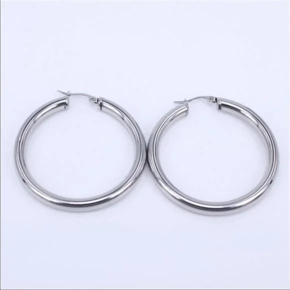 NEW 18K WHITE GOLD ROUND 2” TUBE HOOP EARRINGS - Picture 4 of 6